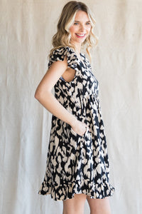 Black Print Ruffled Cap Sleeves Dress