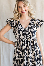 Black Print Ruffled Cap Sleeves Dress