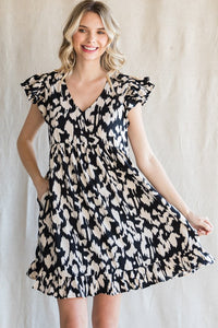 Black Print Ruffled Cap Sleeves Dress