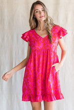 Hot Pink Print Ruffled Cap Sleeves Dress
