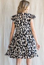 Black Print Ruffled Cap Sleeves Dress