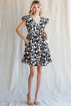 Black Print Ruffled Cap Sleeves Dress