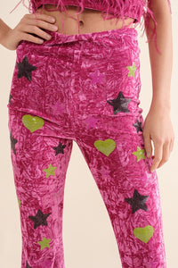Hot Pink Velvet Feather Crop Top Pants Set
