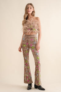 Beige Velvet Feather Crop Top Pants Set