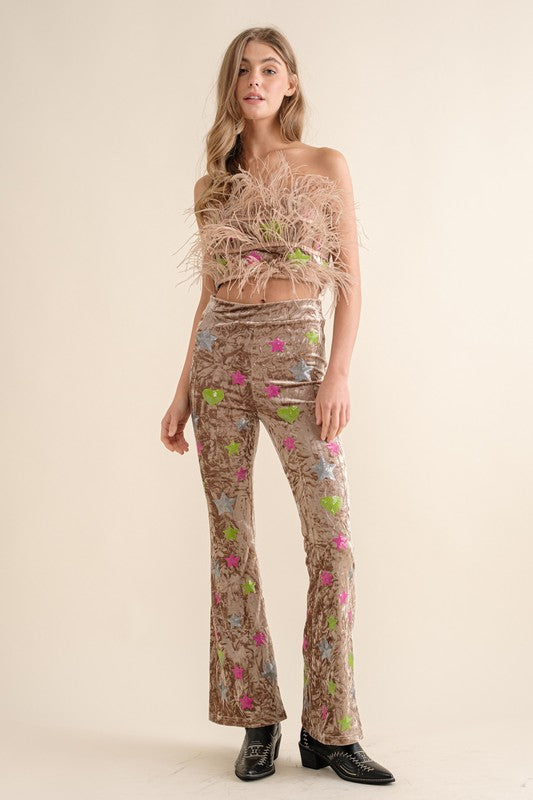 Beige Velvet Feather Crop Top Pants Set