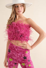 Hot Pink Velvet Feather Crop Top Pants Set
