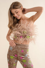 Beige Velvet Feather Crop Top Pants Set