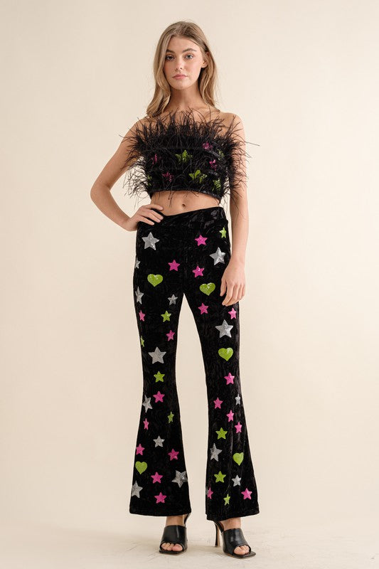 Black Velvet Feather Crop Top Pants Set