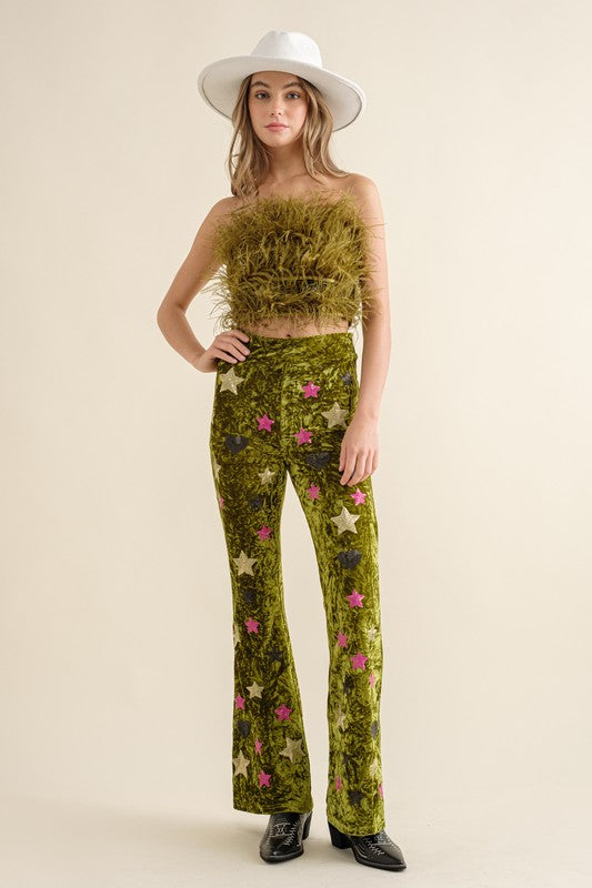 Moss Green Velvet Feather Crop Top Pants Set