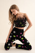 Black Velvet Feather Crop Top Pants Set