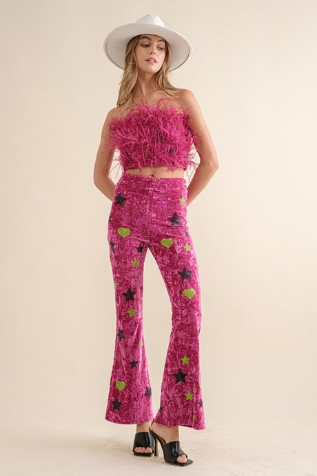 Hot Pink Velvet Feather Crop Top Pants Set