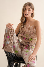 Beige Velvet Feather Crop Top Pants Set