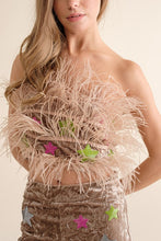 Beige Velvet Feather Crop Top Pants Set
