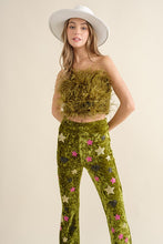 Moss Green Velvet Feather Crop Top Pants Set