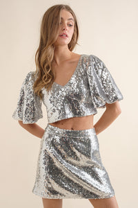 Silver Sequin Tie Back Top with Mini Skirt Set