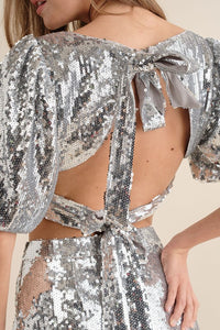 Silver Sequin Tie Back Top with Mini Skirt Set