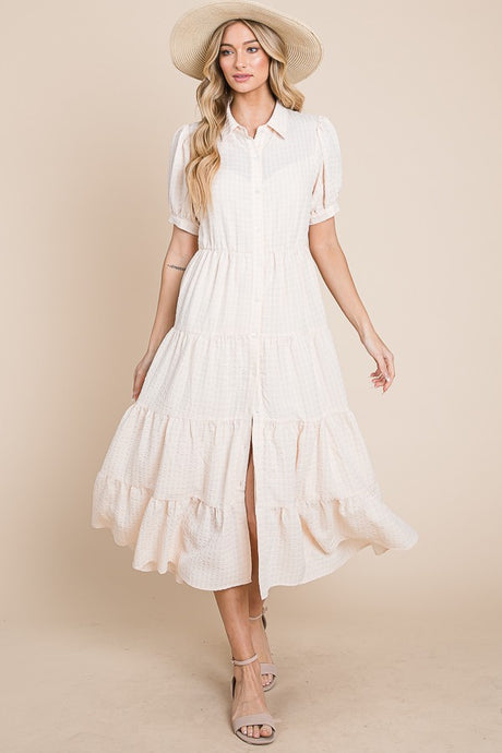 Cream A Sheersucker Short Puff Sleeve Midi Dress With Front Button Detail
