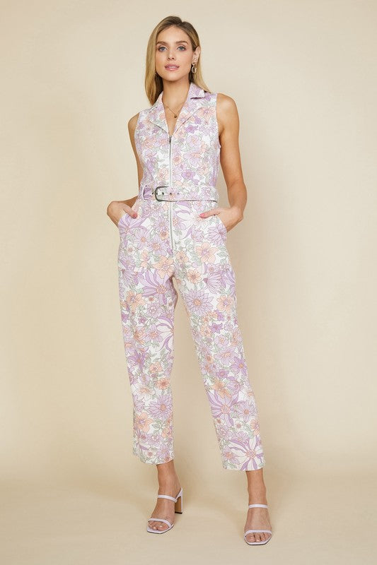 Lavender Woven Twill Floral Zip-Up Jumpsuit