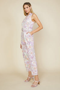 Lavender Woven Twill Floral Zip-Up Jumpsuit