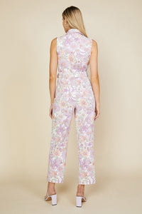 Lavender Woven Twill Floral Zip-Up Jumpsuit