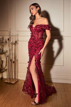 Red Off The Shoulder 3d Applique Floral Gown