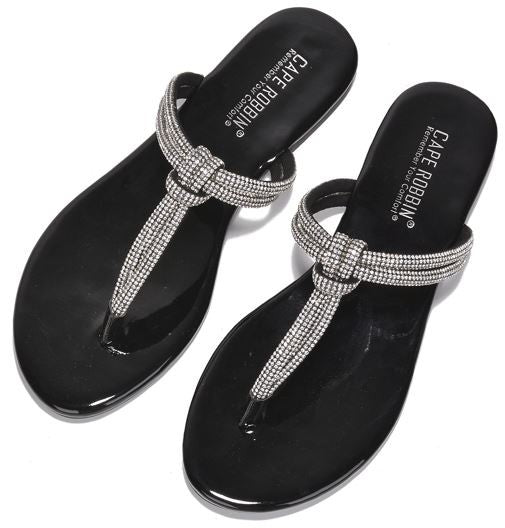 Black Womens Rhinestone Strap Slide On Thong Sandals