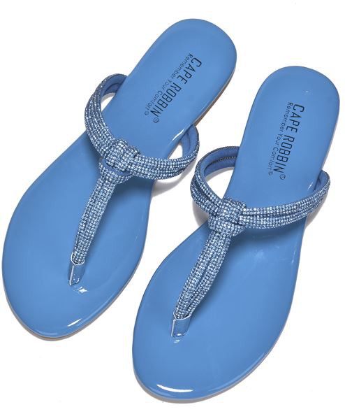 Blue Womens Rhinestone Strap Slide On Thong Sandals