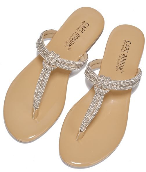 Nude Womens Rhinestone Strap Slide On Thong Sandals