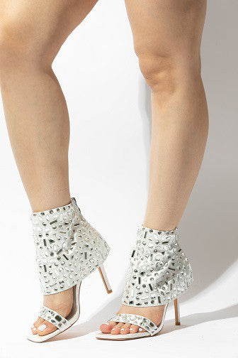 White Geometry Rhinestone Stiletto Heels Sandals