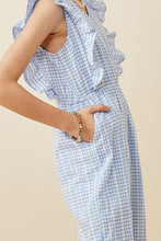 Blue Checkered Embroidered Ruffle Sleeveless Jumpsuit