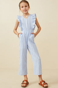 Blue Checkered Embroidered Ruffle Sleeveless Jumpsuit