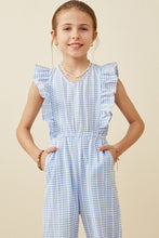 Blue Checkered Embroidered Ruffle Sleeveless Jumpsuit