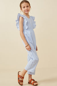 Blue Checkered Embroidered Ruffle Sleeveless Jumpsuit