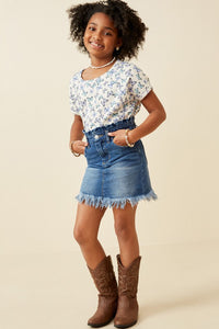 Mid Denim Girls Washed Frayed Hem Paper Bag Denim Skirt