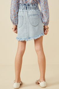 Light Denim Girls Washed Frayed Hem Paper Bag Denim Skirt