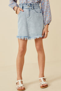 Light Denim Girls Washed Frayed Hem Paper Bag Denim Skirt