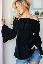 Black Solid Long Sleeve Off Shoulder Ruffle Top