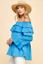 Blue Solid Long Sleeve Off Shoulder Ruffle Top