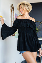 Black Solid Long Sleeve Off Shoulder Ruffle Top