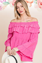 Fuchsia Solid Long Sleeve Off Shoulder Ruffle Top