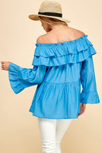 Blue Solid Long Sleeve Off Shoulder Ruffle Top