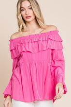 Fuchsia Solid Long Sleeve Off Shoulder Ruffle Top