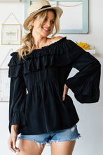 Black Solid Long Sleeve Off Shoulder Ruffle Top