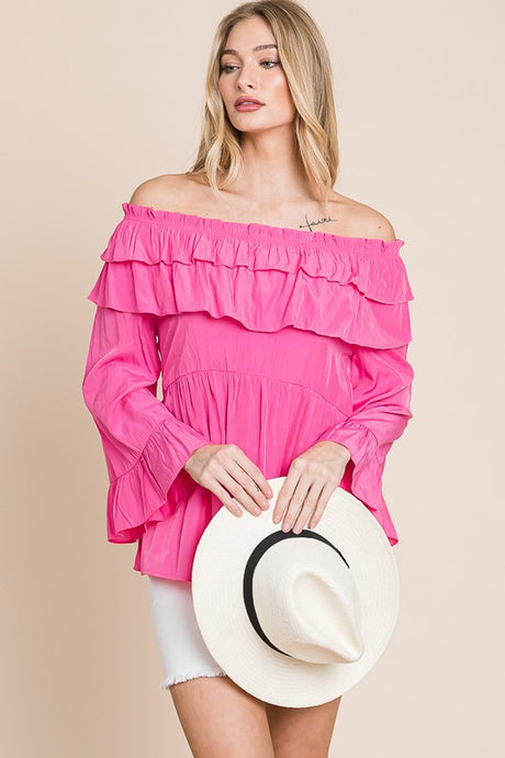 Fuchsia Solid Long Sleeve Off Shoulder Ruffle Top