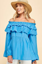Blue Solid Long Sleeve Off Shoulder Ruffle Top