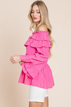 Fuchsia Solid Long Sleeve Off Shoulder Ruffle Top