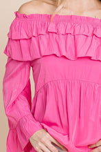 Fuchsia Solid Long Sleeve Off Shoulder Ruffle Top