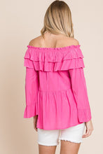 Fuchsia Solid Long Sleeve Off Shoulder Ruffle Top
