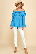 Blue Solid Long Sleeve Off Shoulder Ruffle Top