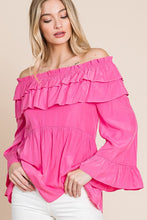 Fuchsia Solid Long Sleeve Off Shoulder Ruffle Top